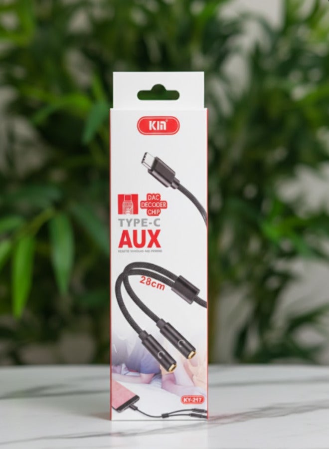 محول صوت KIN KY-217 ثنائي الوظائف: منفذ USB من النوع C إلى منفذ سماعة رأس 3.5 ملم ومنفذ شحن سريع